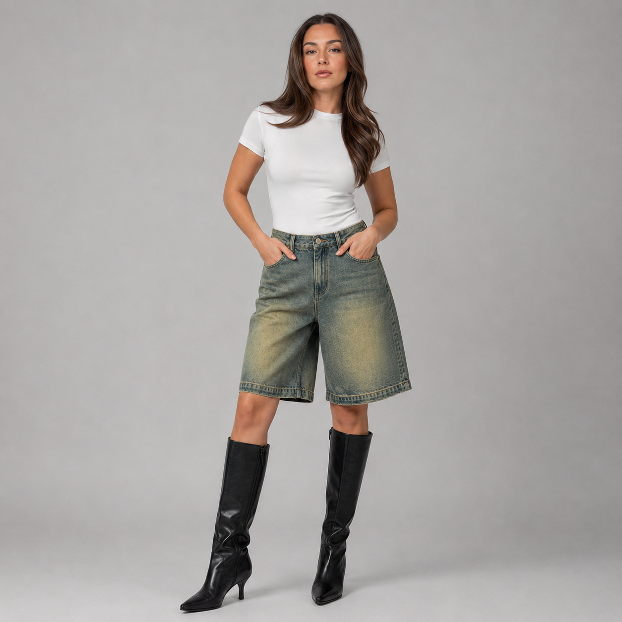 Olive Grey Wash Denim High Waisted Loose Fit Shorts for Women