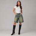 Olive Grey Wash Denim High Waisted Loose Fit Shorts for Women