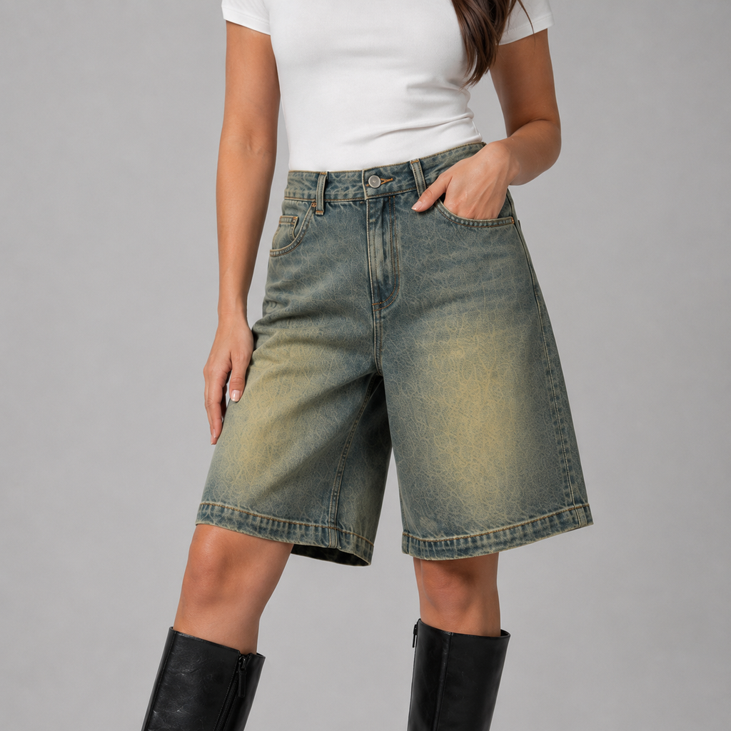 Olive Grey Wash Denim High Waisted Loose Fit Shorts for Women