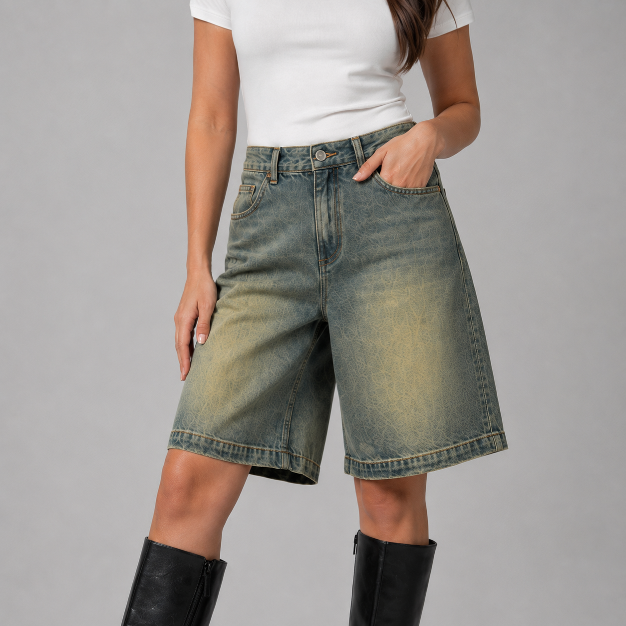 Olive Grey Wash Denim High Waisted Loose Fit Shorts for Women