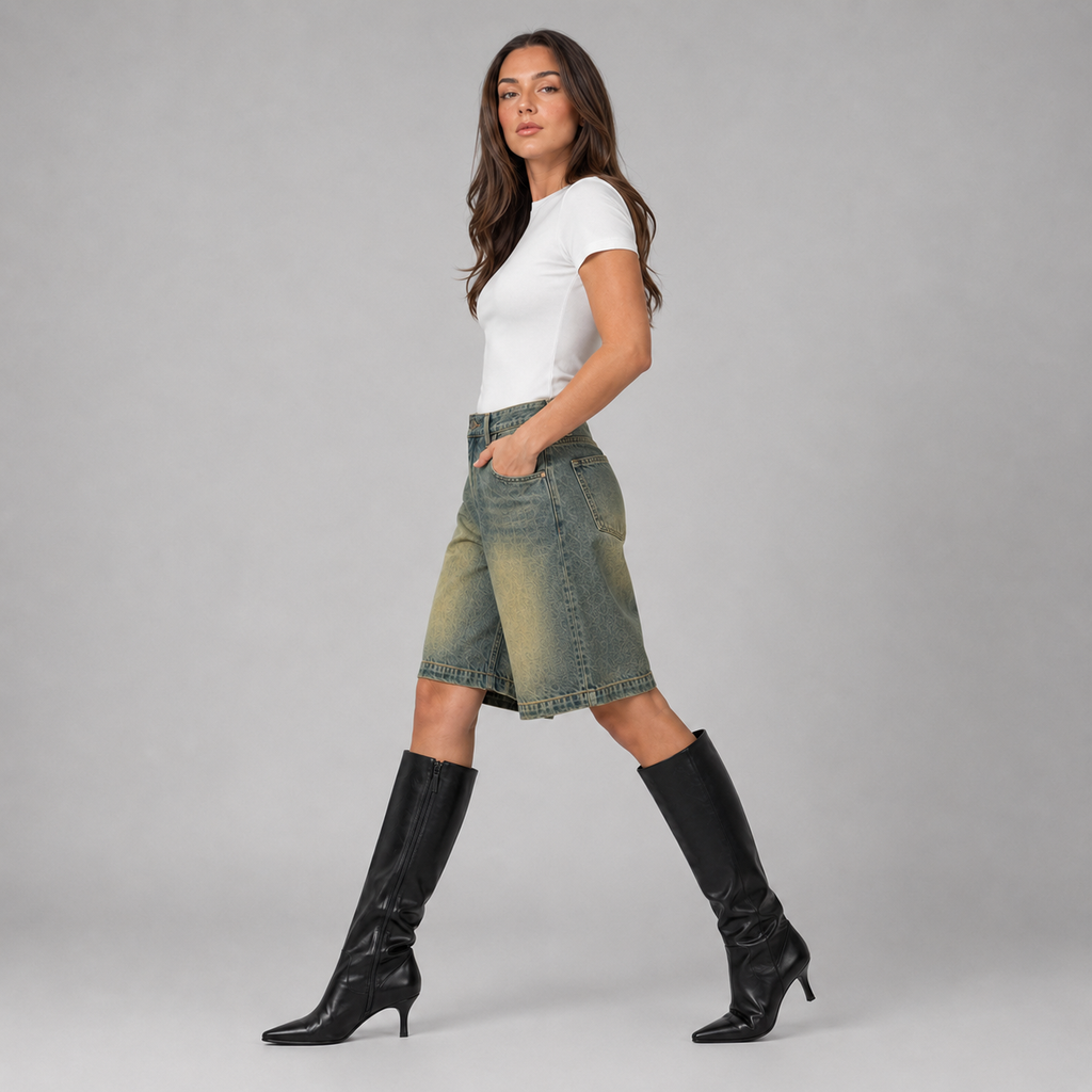 Olive Grey Wash Denim High Waisted Loose Fit Shorts for Women