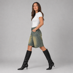 Olive Grey Wash Denim High Waisted Loose Fit Shorts for Women