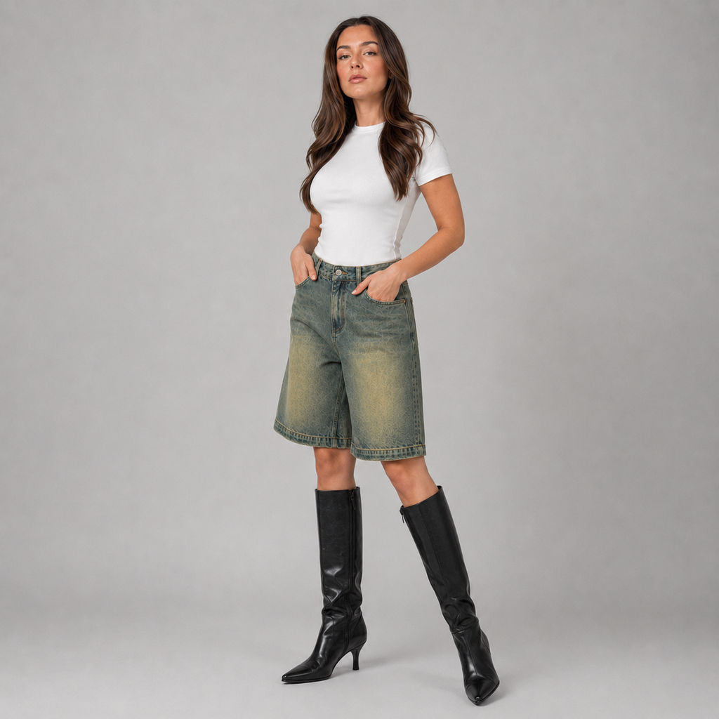 Olive Grey Wash Denim High Waisted Loose Fit Shorts for Women