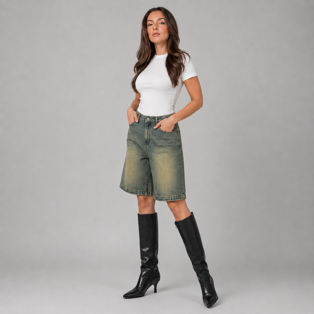 Olive Grey Wash Denim High Waisted Loose Fit Shorts for Women