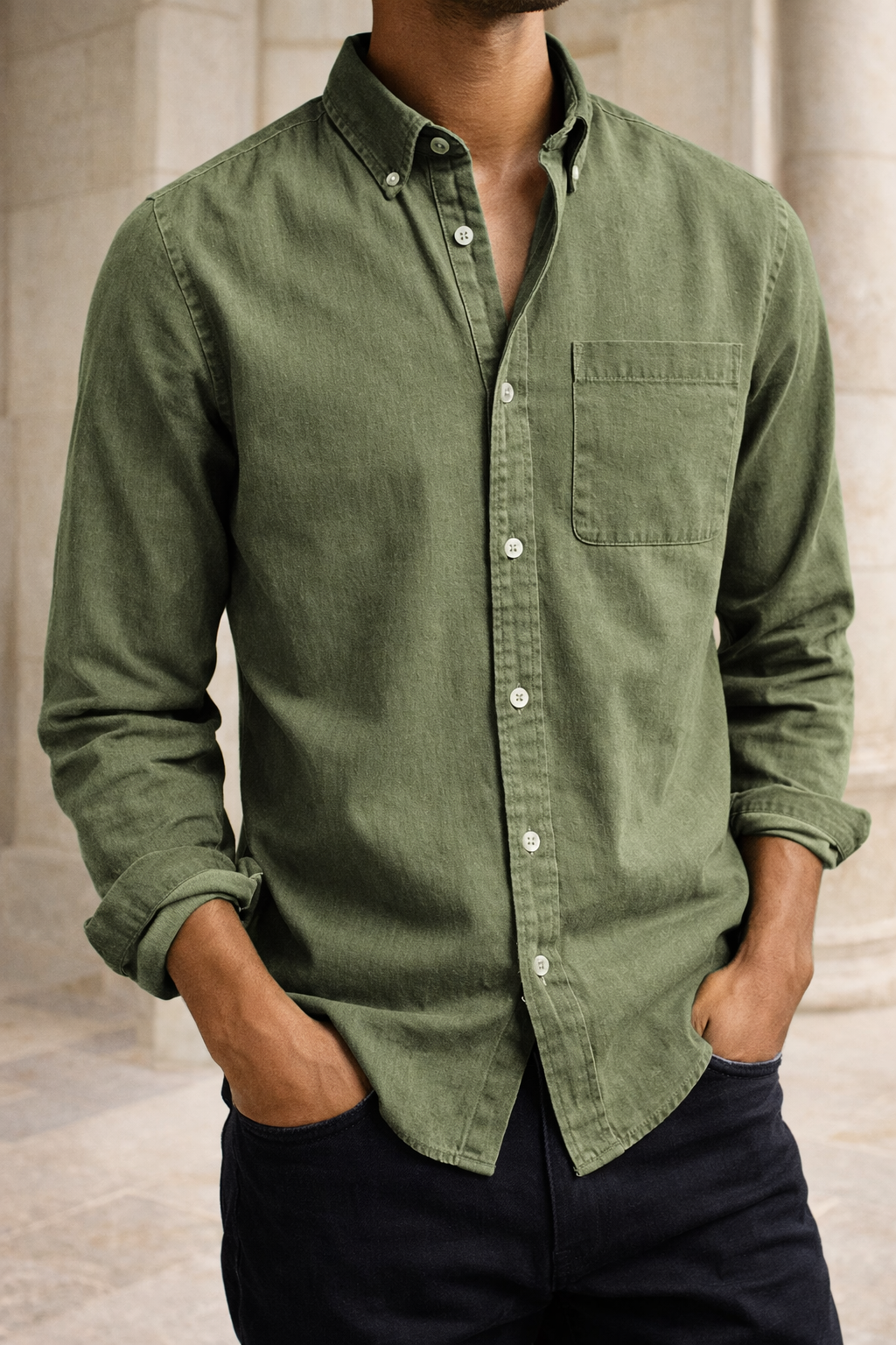 Cotton Button Down Collar Shirt with Chest Pocket for Men | Button Front