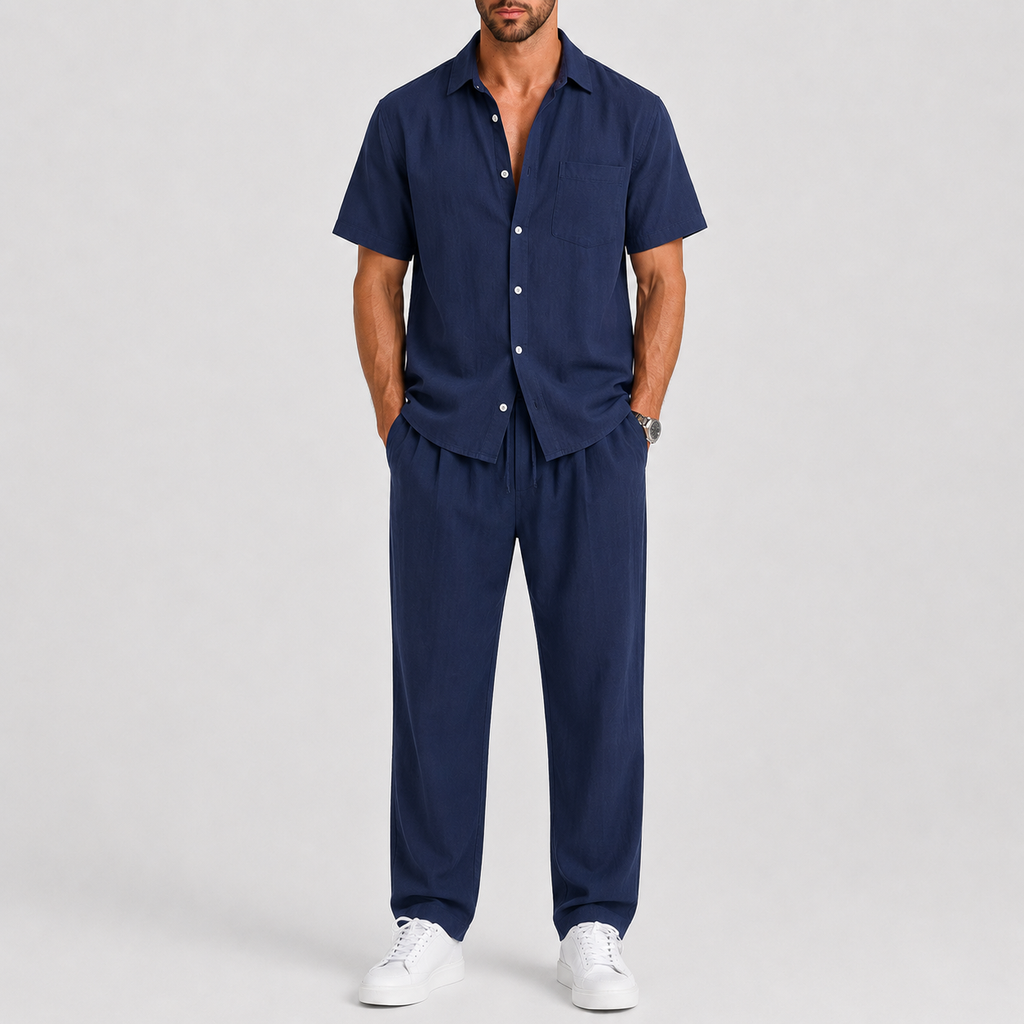 Linen-Look Short Sleeve Shirt and Wide Leg Trousers Set for Men