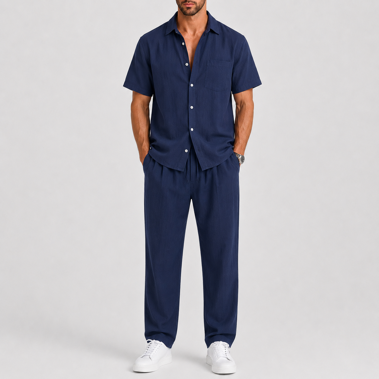 Linen-Look Short Sleeve Shirt and Wide Leg Trousers Set for Men