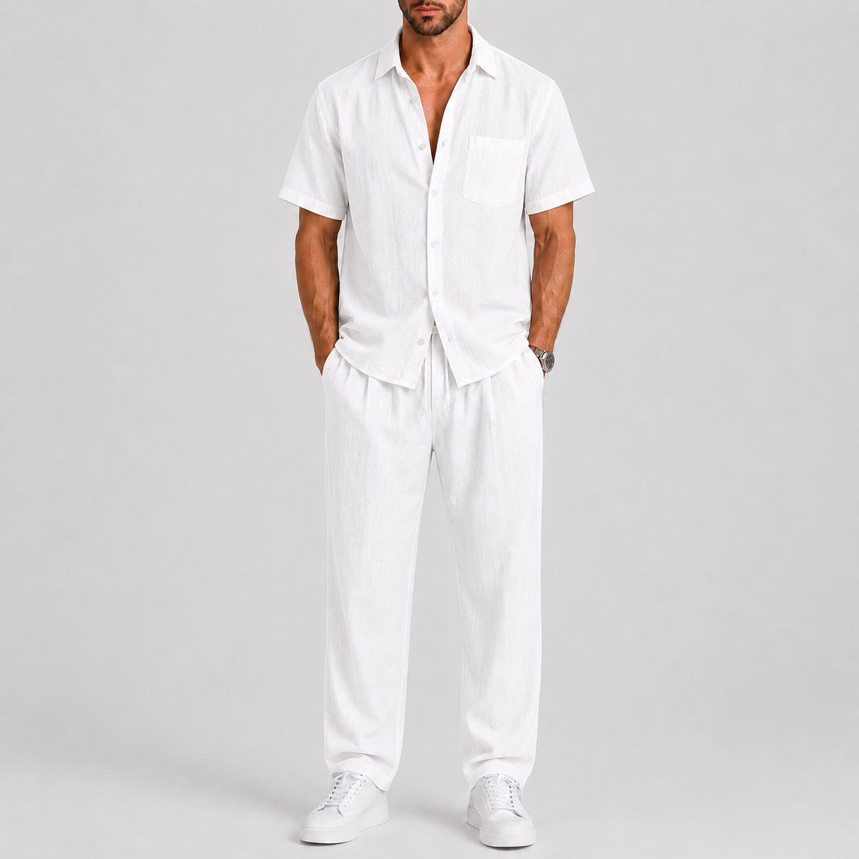 Linen-Look Short Sleeve Shirt and Wide Leg Trousers Set for Men