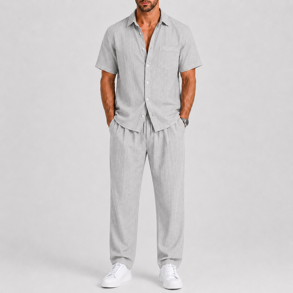 Linen-Look Short Sleeve Shirt and Wide Leg Trousers Set for Men
