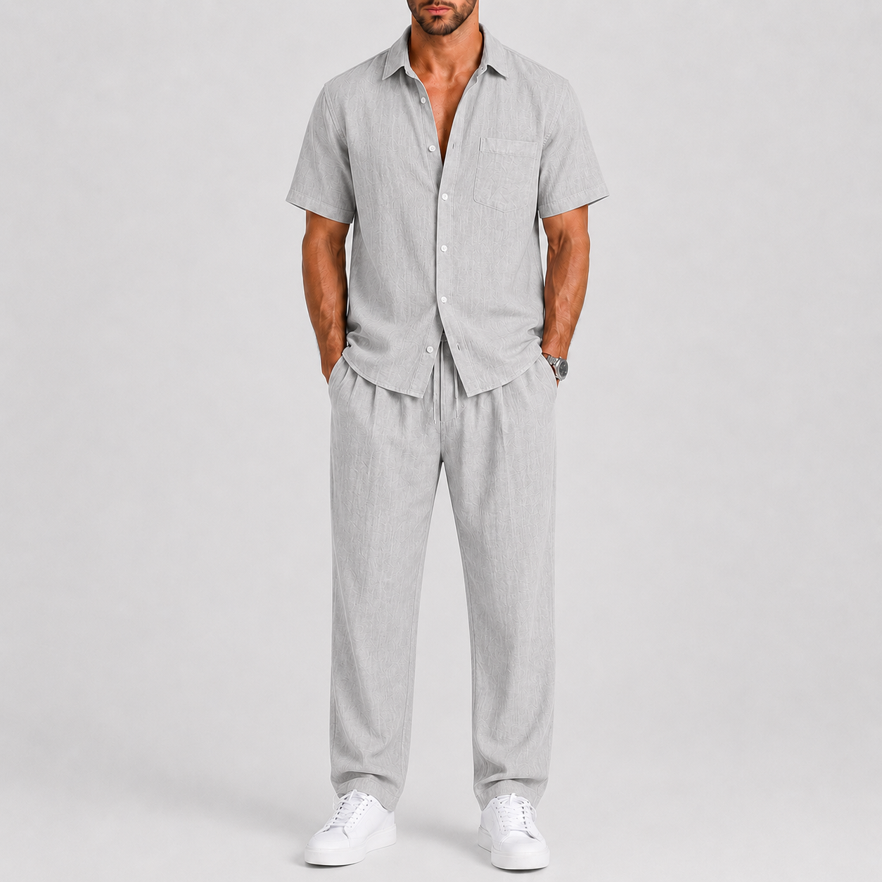 Linen-Look Short Sleeve Shirt and Wide Leg Trousers Set for Men