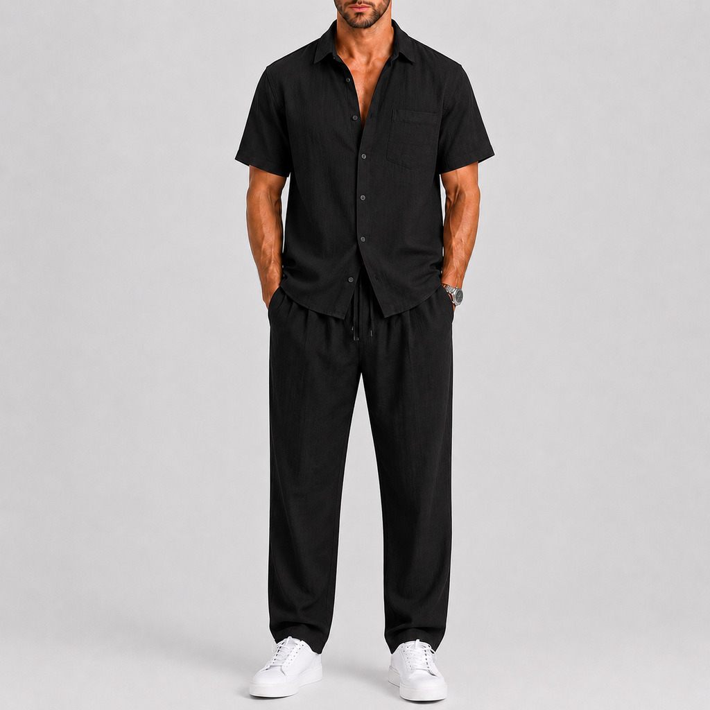 Linen-Look Short Sleeve Shirt and Wide Leg Trousers Set for Men