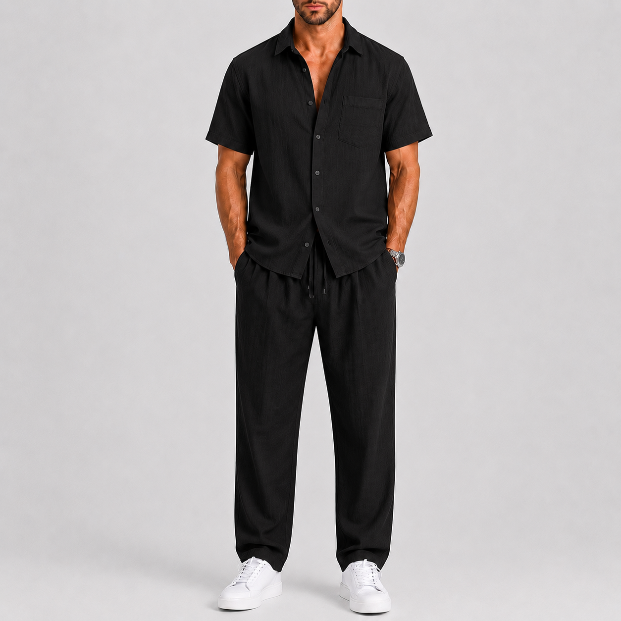 Linen-Look Short Sleeve Shirt and Wide Leg Trousers Set for Men