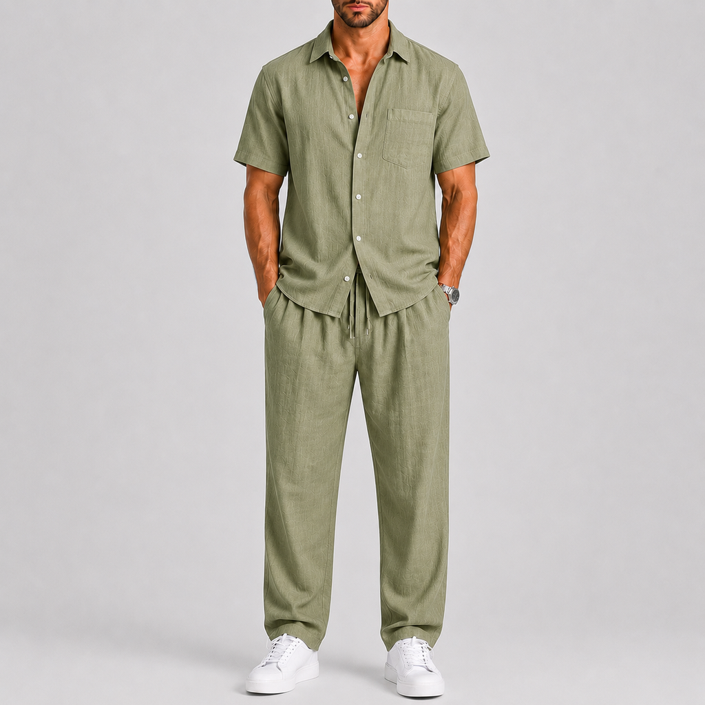Linen-Look Short Sleeve Shirt and Wide Leg Trousers Set for Men
