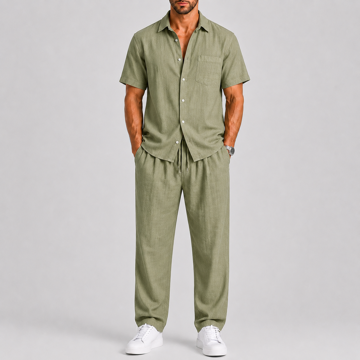 Linen-Look Short Sleeve Shirt and Wide Leg Trousers Set for Men