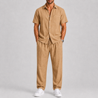 Linen-Look Short Sleeve Shirt and Wide Leg Trousers Set for Men