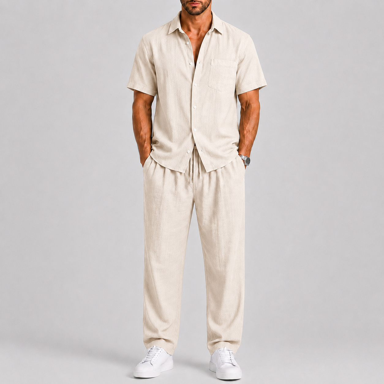 Linen-Look Short Sleeve Shirt and Wide Leg Trousers Set for Men
