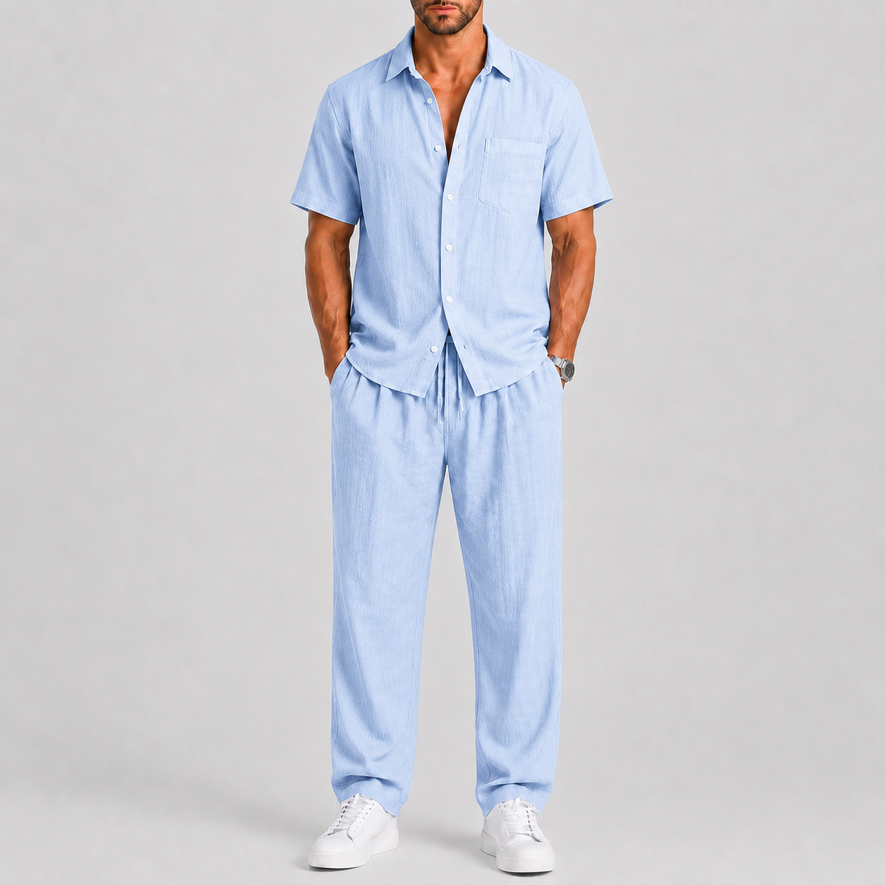 Linen-Look Short Sleeve Shirt and Wide Leg Trousers Set for Men