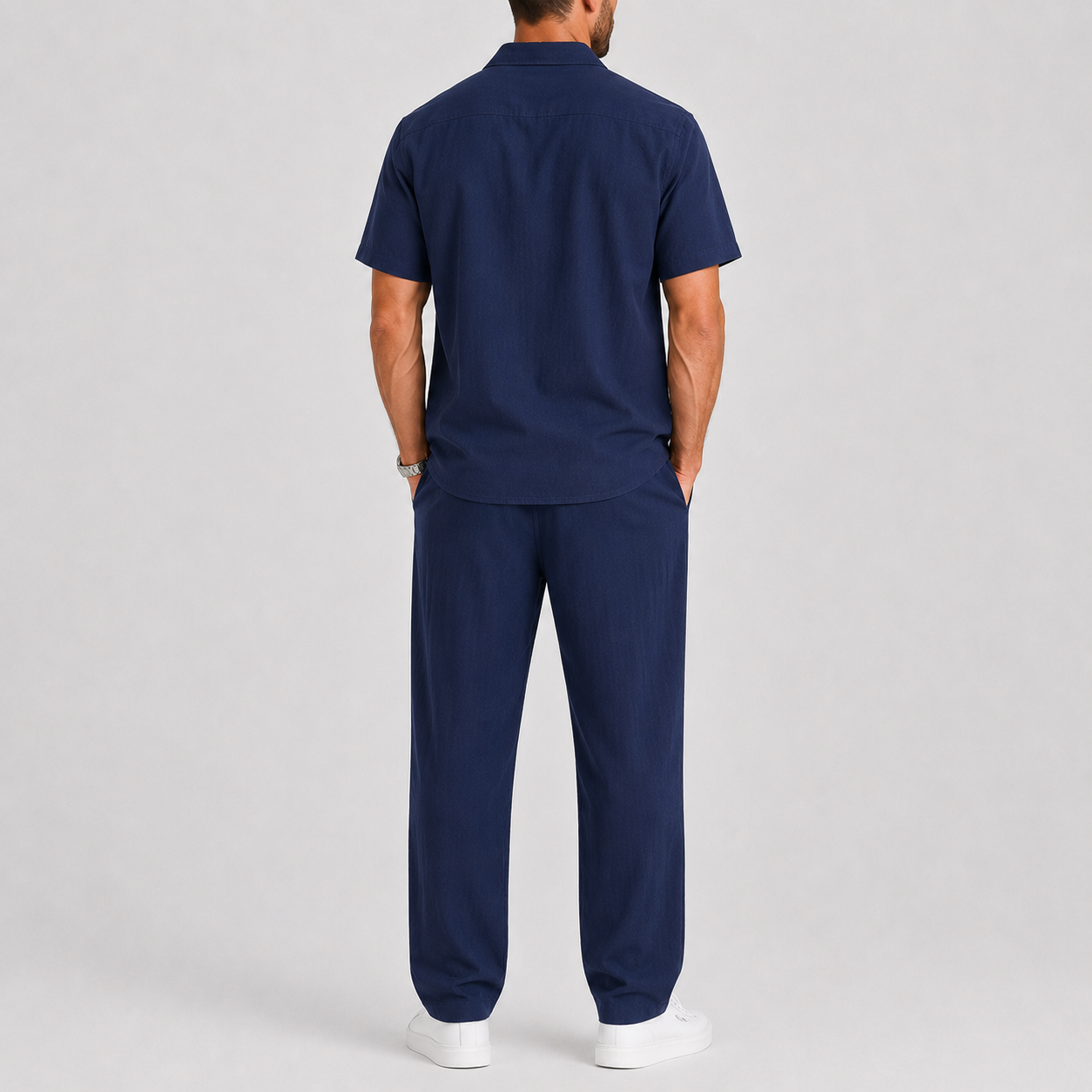Linen-Look Short Sleeve Shirt and Wide Leg Trousers Set for Men