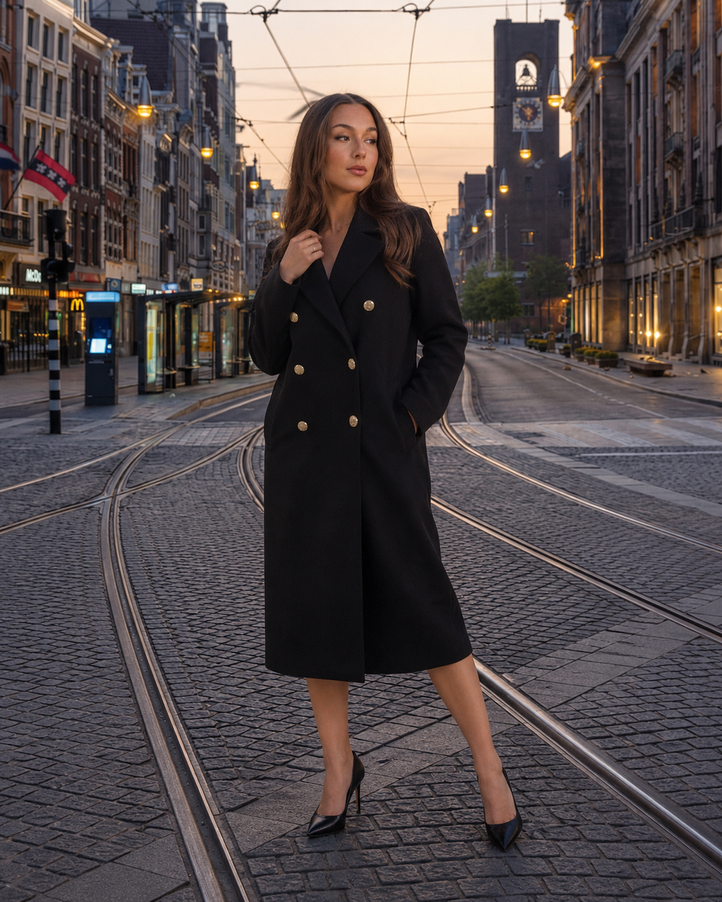 Long Double Breasted Knee Length Coat with Notch Lapel Collar for Women
