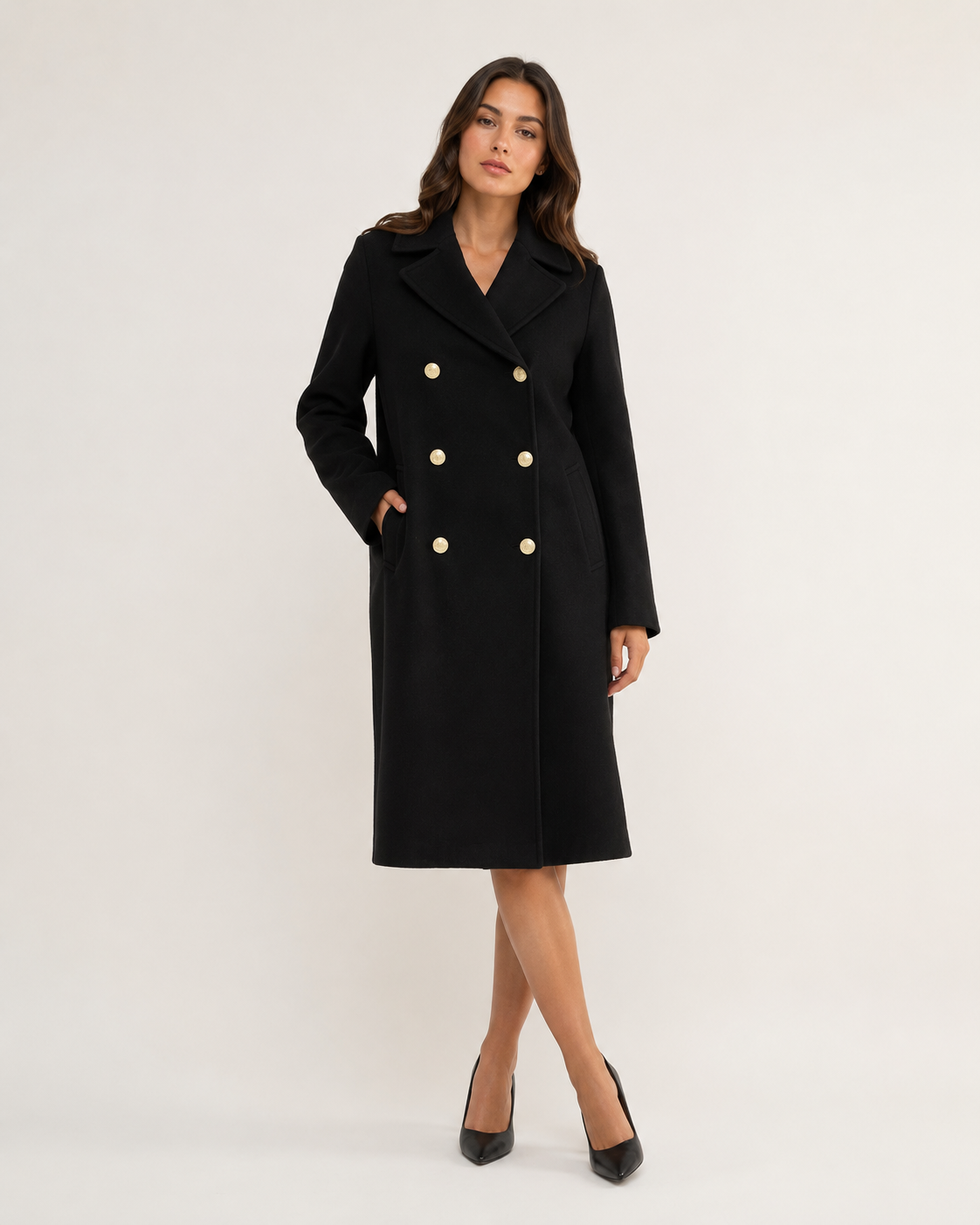 Long Double Breasted Knee Length Coat with Notch Lapel Collar for Women