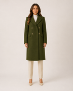 Long Double Breasted Knee Length Coat with Notch Lapel Collar for Women