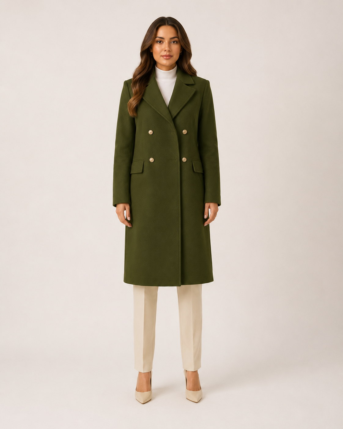 Long Double Breasted Knee Length Coat with Notch Lapel Collar for Women