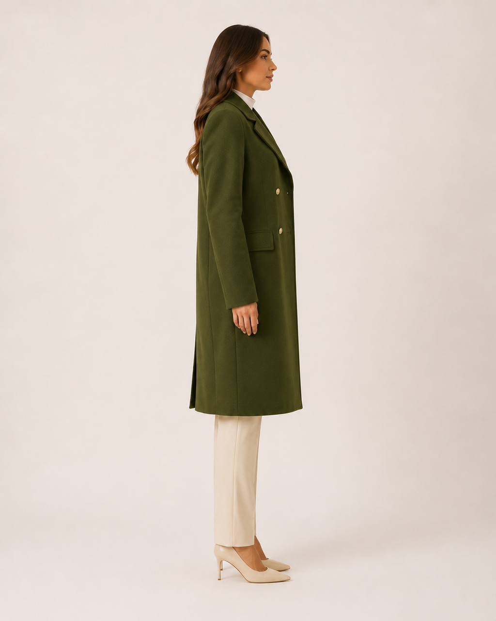 Long Double Breasted Knee Length Coat with Notch Lapel Collar for Women