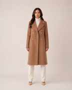 Long Double Breasted Knee Length Coat with Notch Lapel Collar for Women