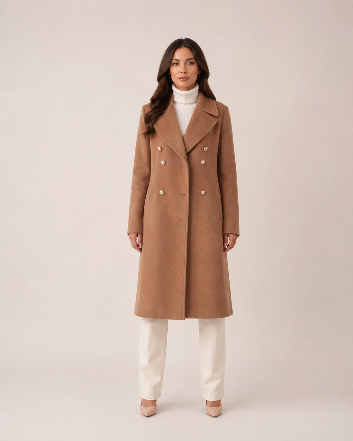Long Double Breasted Knee Length Coat with Notch Lapel Collar for Women