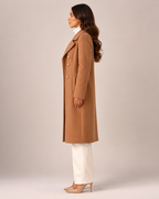 Long Double Breasted Knee Length Coat with Notch Lapel Collar for Women