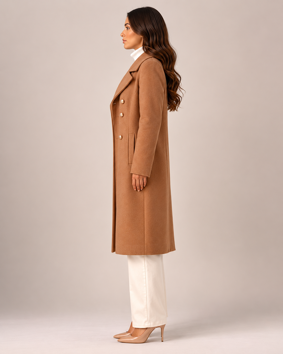 Long Double Breasted Knee Length Coat with Notch Lapel Collar for Women