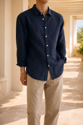 Navy Blue Linen Relaxed Fit Button Shirt for Men | Smart Casual