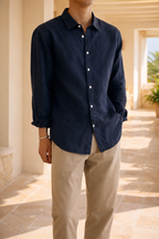 Navy Blue Linen Relaxed Fit Button Shirt for Men | Smart Casual