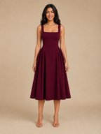 Square Neck Flared Midi Dress for Women | Wedding Occasion Wear