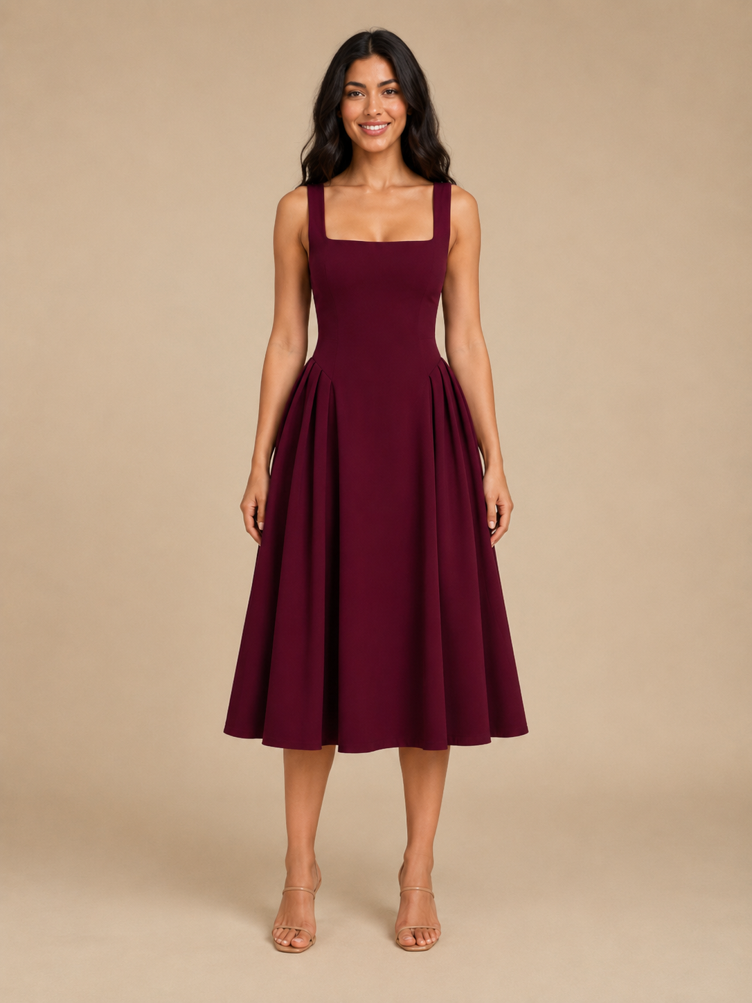 Square Neck Flared Midi Dress for Women | Wedding Occasion Wear