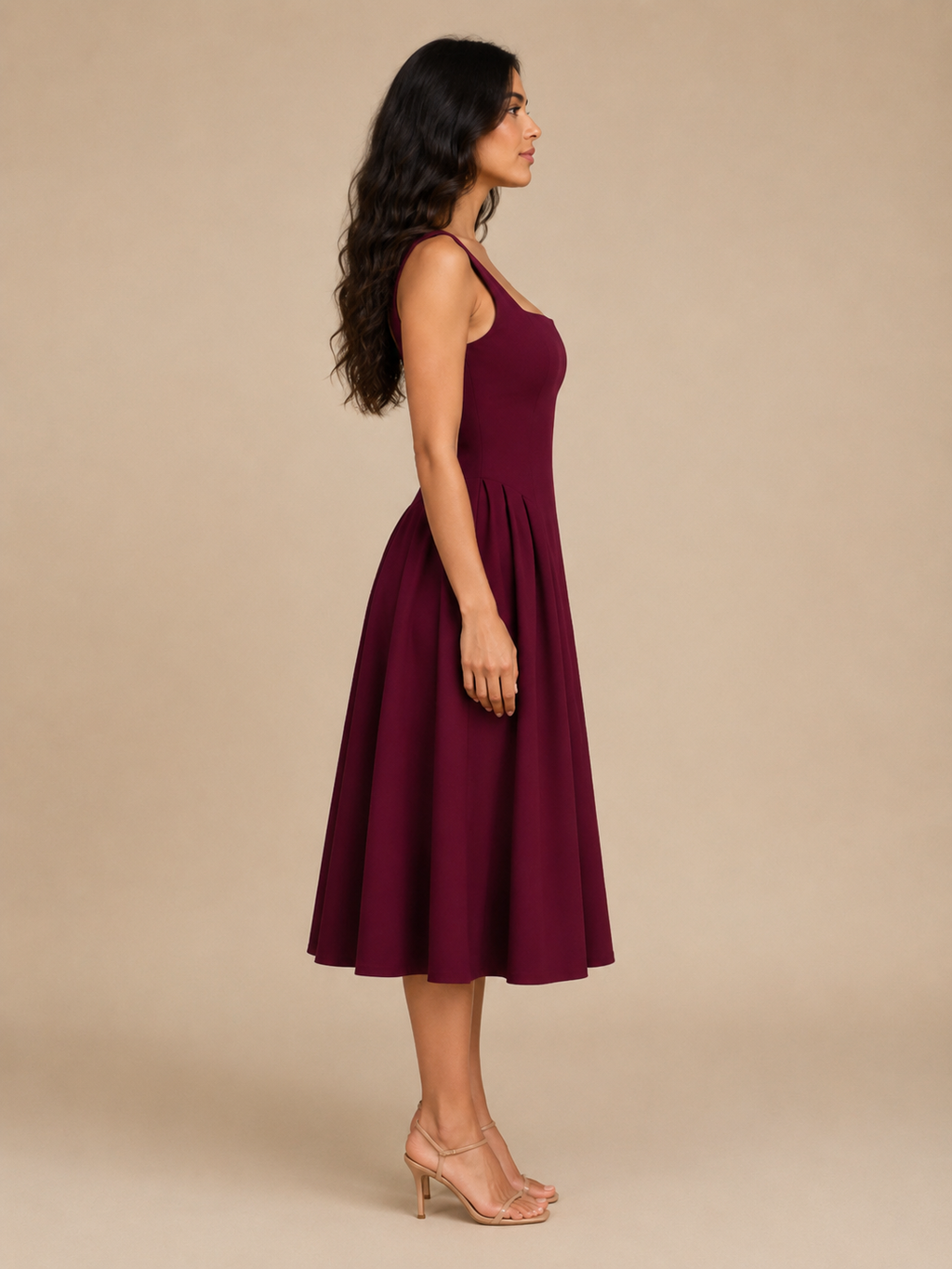 Square Neck Flared Midi Dress for Women | Wedding Occasion Wear
