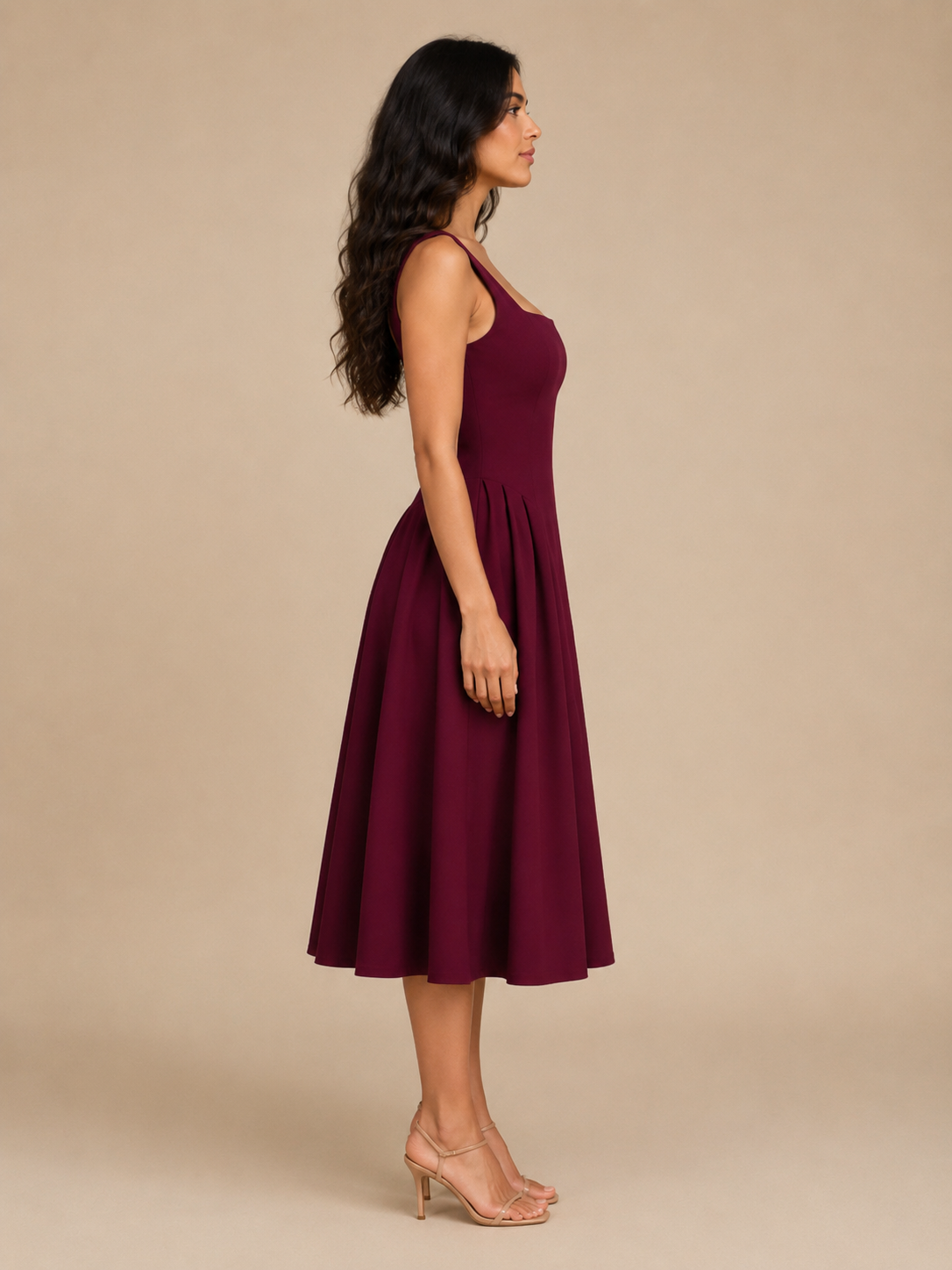 Square Neck Flared Midi Dress for Women | Wedding Occasion Wear