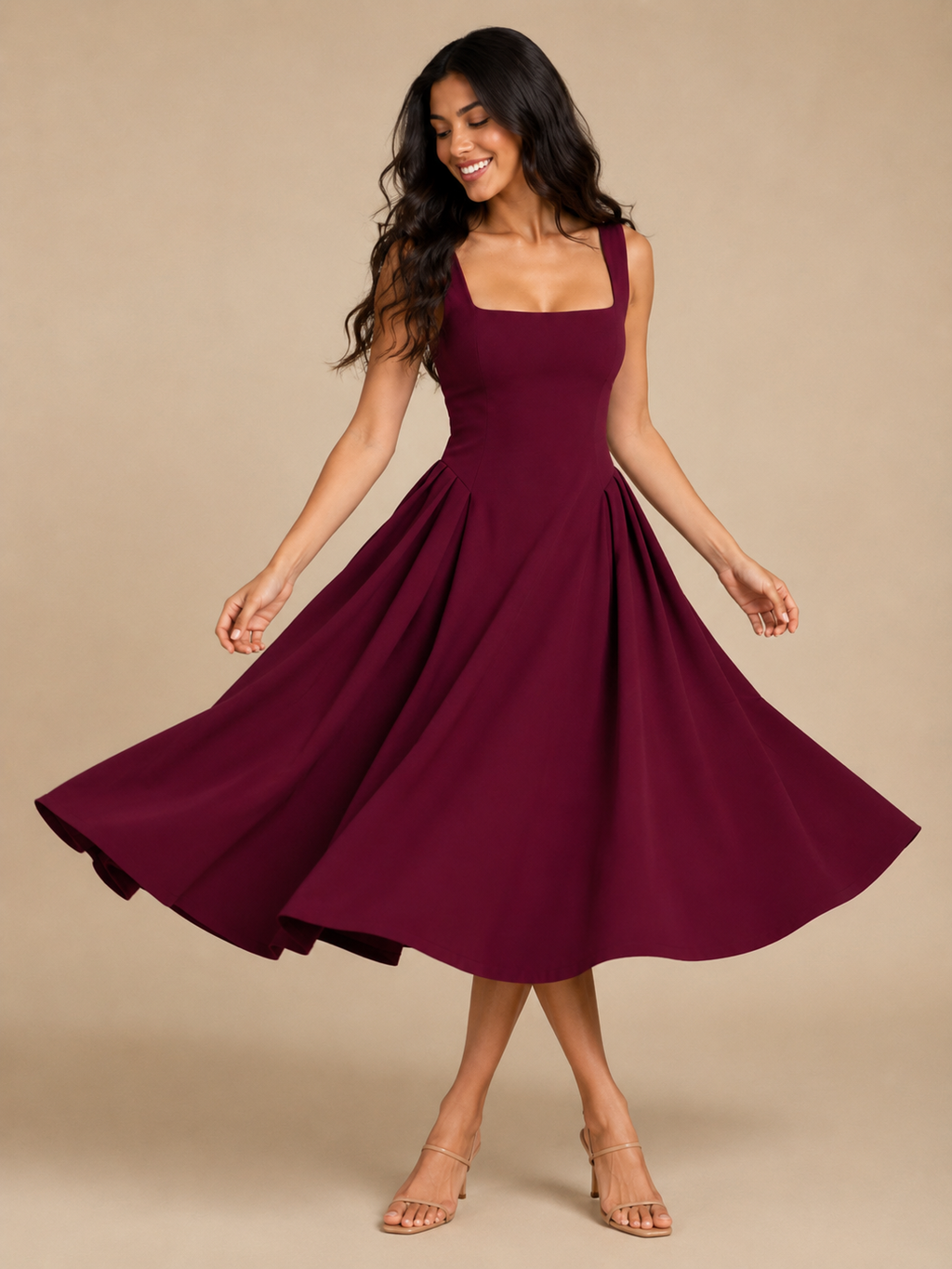 Square Neck Flared Midi Dress for Women | Wedding Occasion Wear