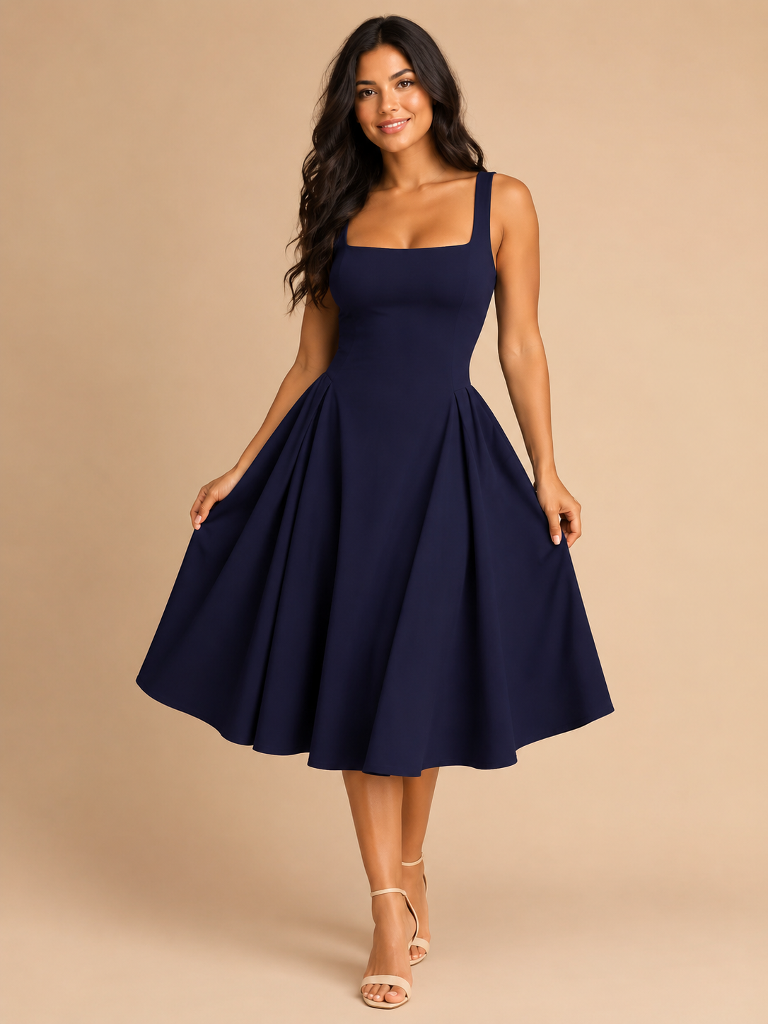 Square Neck Flared Midi Dress for Women | Wedding Occasion Wear