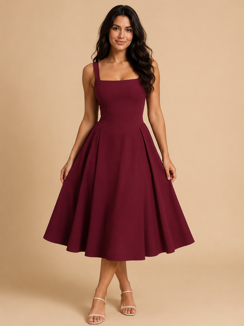 Square Neck Flared Midi Dress for Women | Wedding Occasion Wear