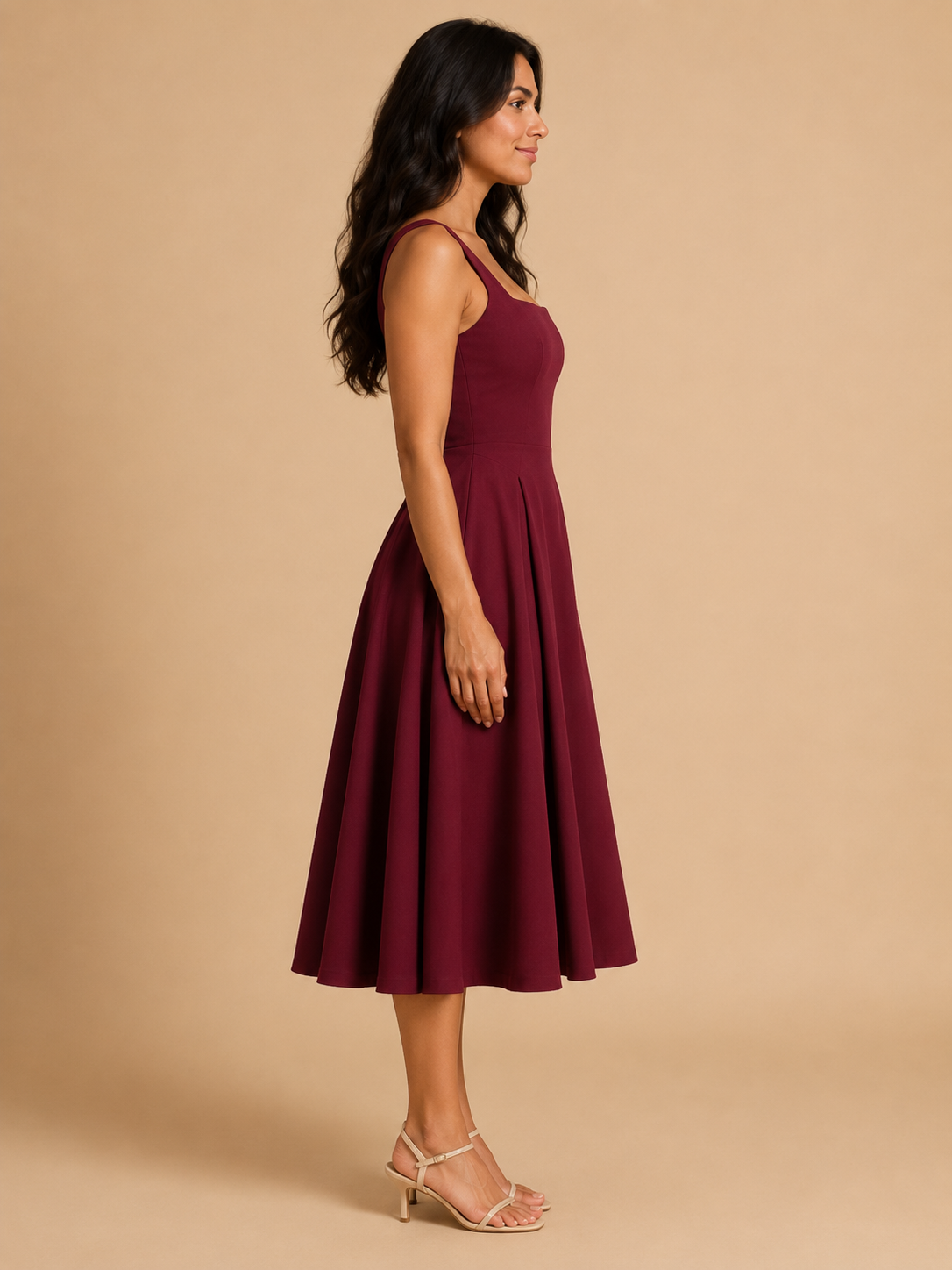 Square Neck Flared Midi Dress for Women | Wedding Occasion Wear