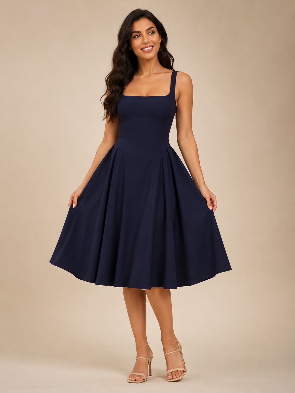 Square Neck Flared Midi Dress for Women | Wedding Occasion Wear