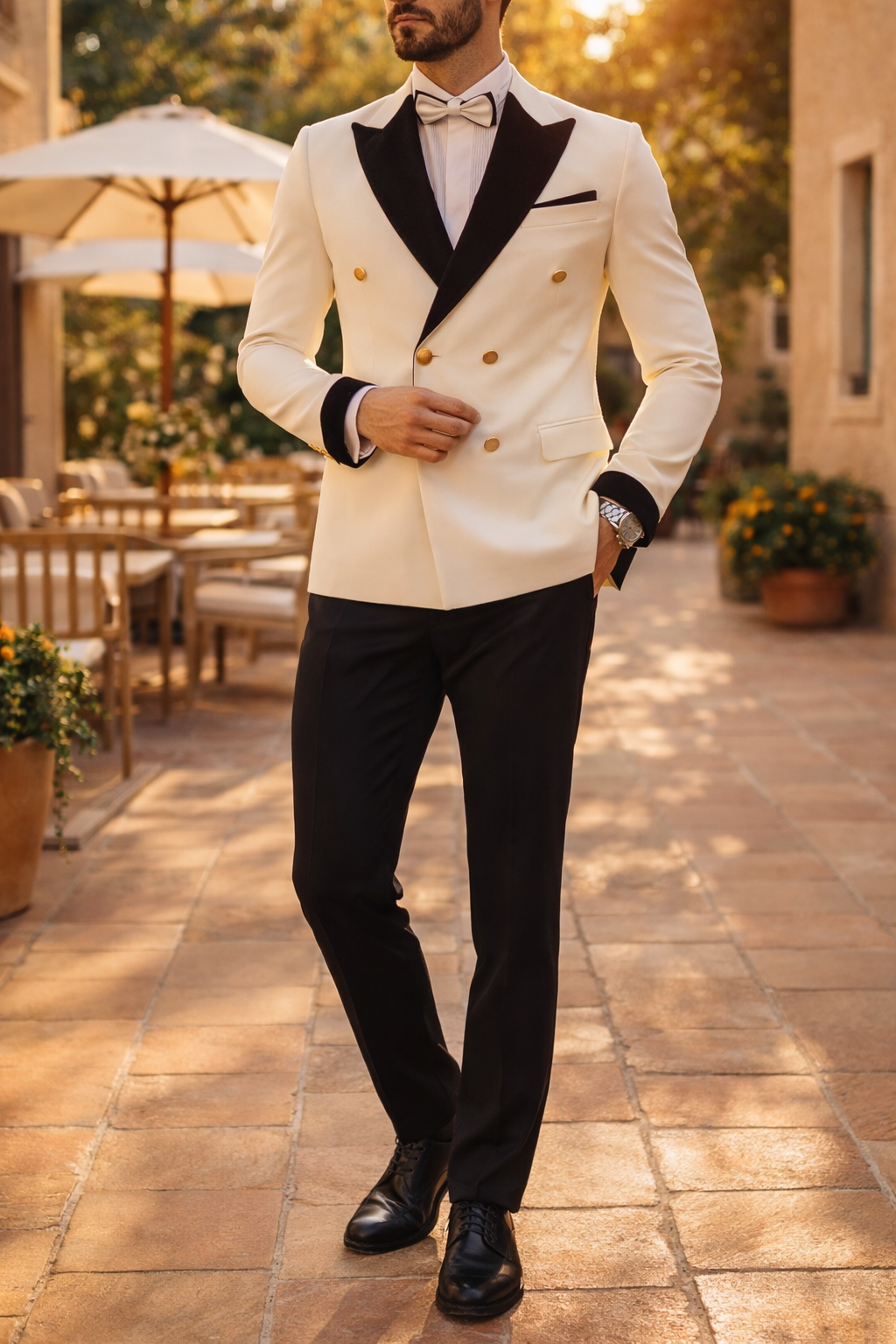 White Double Breasted Contrast Lapel Two Piece Suit for Men | Wedding Set