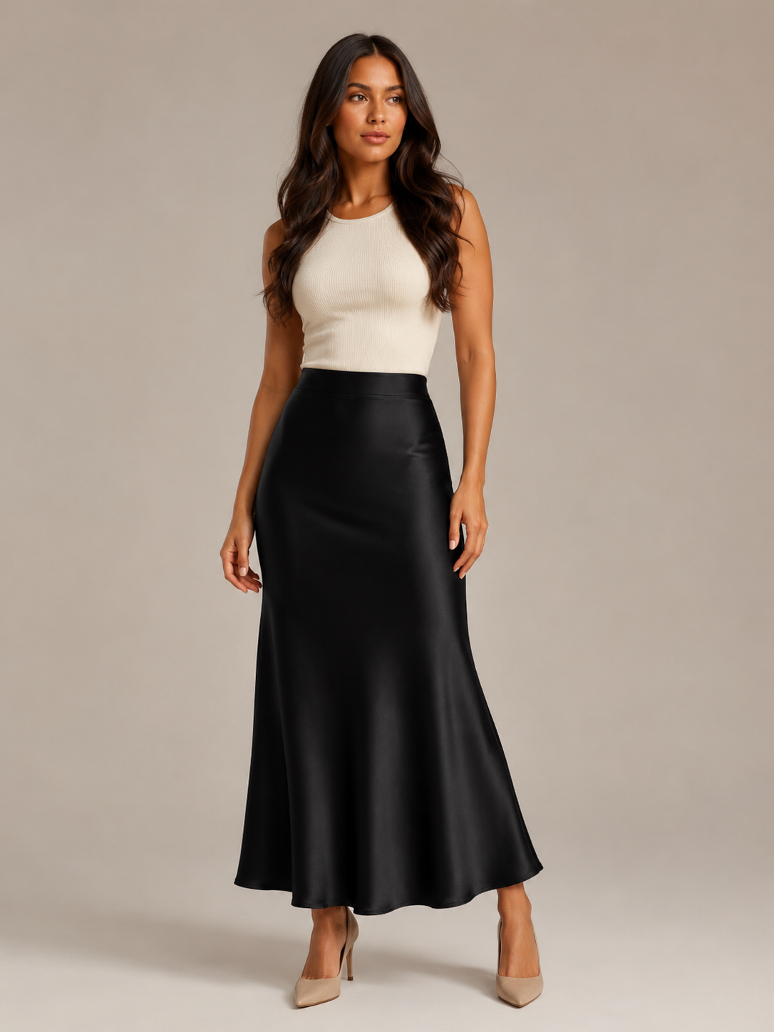 Black Satin High Waist Maxi Skirt for Women