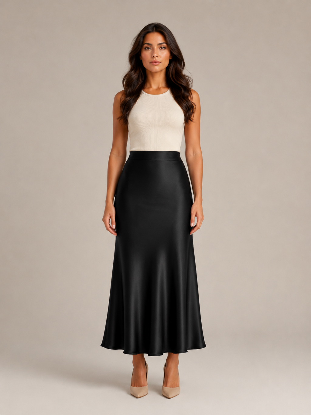 Black Satin High Waist Maxi Skirt for Women