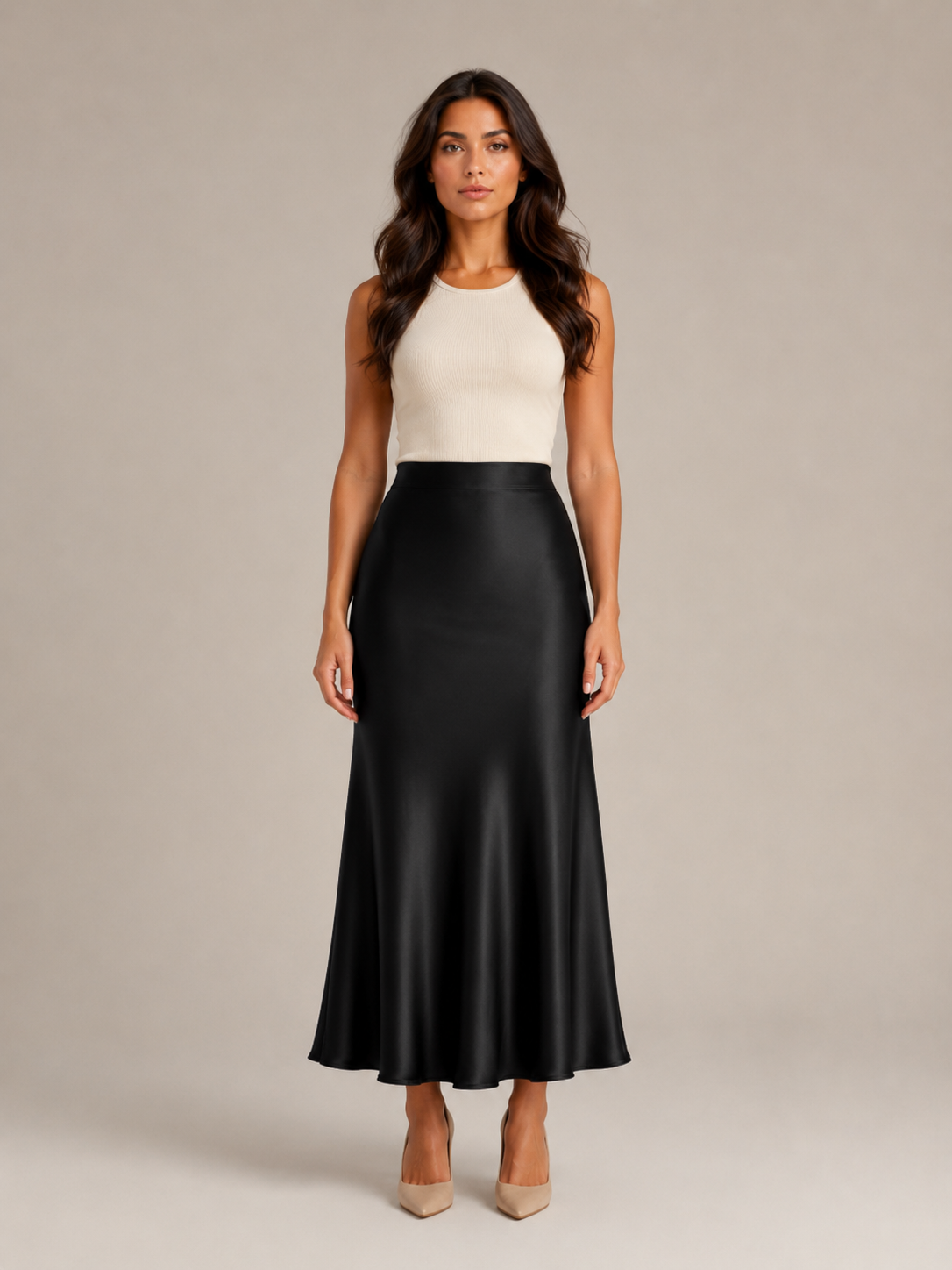 Black Satin High Waist Maxi Skirt for Women