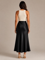 Black Satin High Waist Maxi Skirt for Women