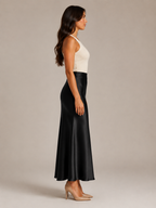 Black Satin High Waist Maxi Skirt for Women