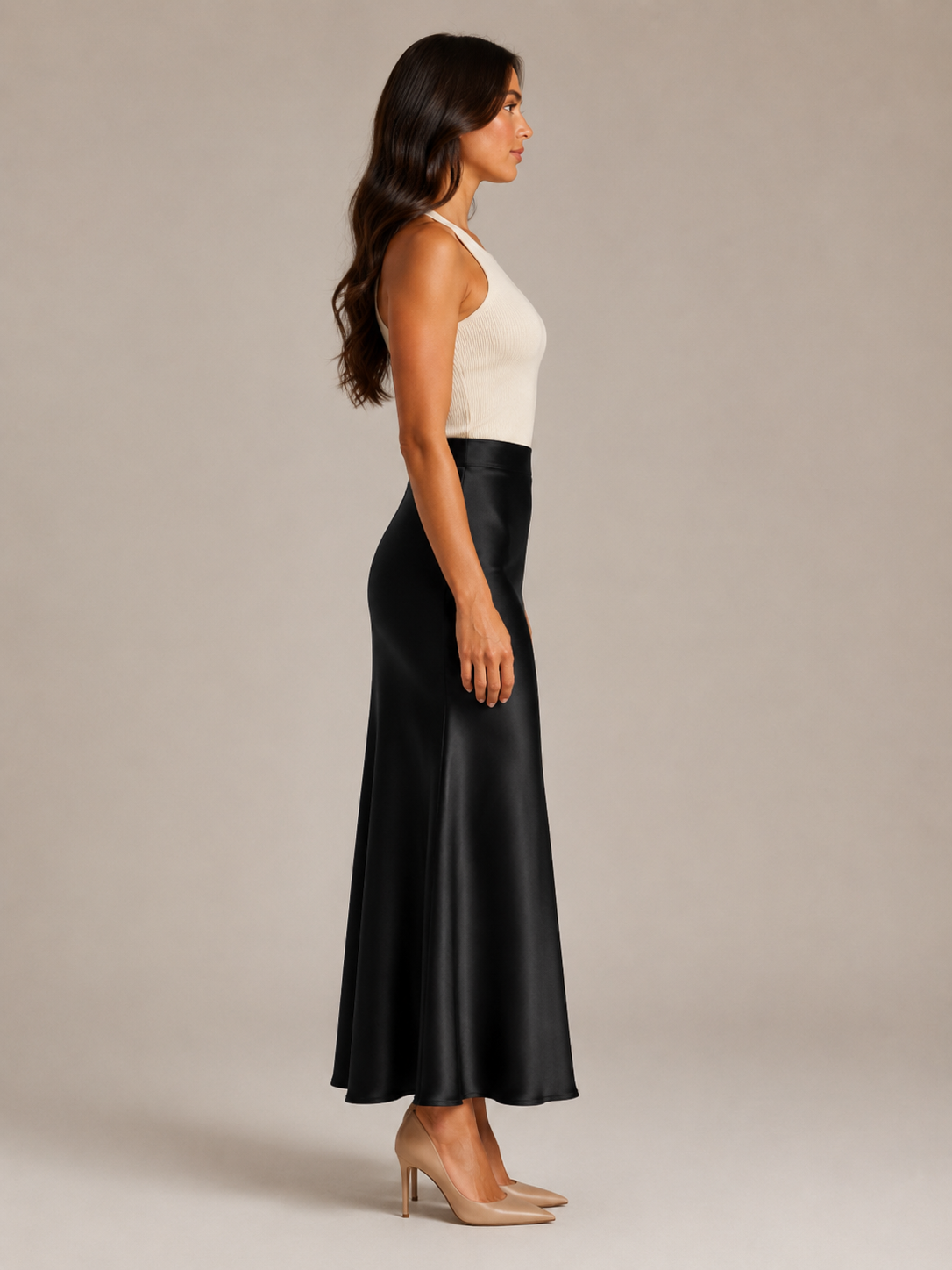 Black Satin High Waist Maxi Skirt for Women