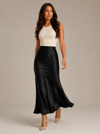 Black Satin High Waist Maxi Skirt for Women
